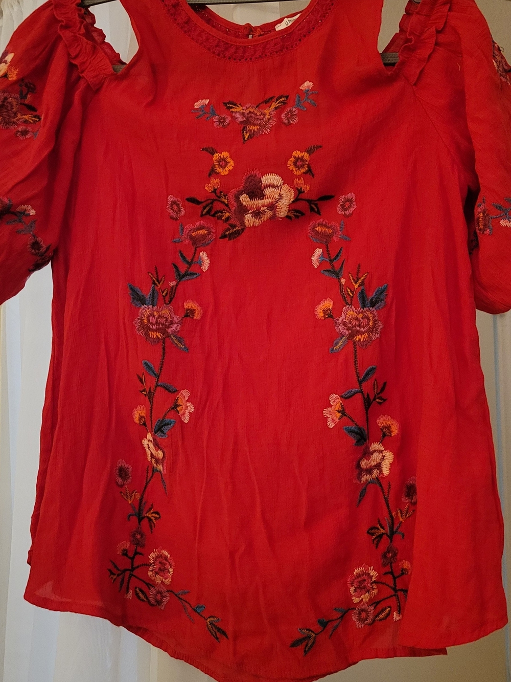 Umgee Red Cold-Shoulder Embroidered Tunic, Western Look!